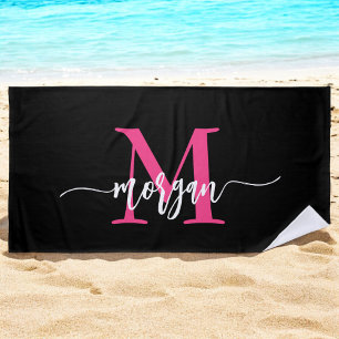 Hot Pink Black Modern Script Girly Monogram Name Beach Towel