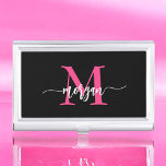 Hot Pink Black Modern Script Girly Monogram Name Business Card Holder<br><div class="desc">Make a professional statement with our Hot Pink Modern Script Girly Monogram Name Business Card Case! This sleek and stylish case features a bold hot pink design, personalised with your name in an elegant modern script for a chic, custom touch. Perfect for carrying and protecting your business cards, it combines...</div>