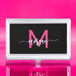 Hot Pink Black Modern Script Girly Monogram Name Business Card Holder<br><div class="desc">Make a professional statement with our Hot Pink Modern Script Girly Monogram Name Business Card Case! This sleek and stylish case features a bold hot pink design, personalised with your name in an elegant modern script for a chic, custom touch. Perfect for carrying and protecting your business cards, it combines...</div>