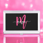 Hot Pink Black Modern Script Girly Monogram Name Business Card Holder<br><div class="desc">Make a professional statement with our Hot Pink Modern Script Girly Monogram Name Business Card Case! This sleek and stylish case features a bold hot pink design, personalised with your name in an elegant modern script for a chic, custom touch. Perfect for carrying and protecting your business cards, it combines...</div>