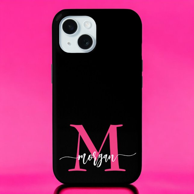Hot Pink Black Modern Script Girly Monogram Name Case-Mate iPhone Case (Creator Uploaded)