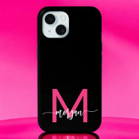 Hot Pink Black Modern Script Girly Monogram Name