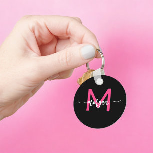 Hot Pink Black Modern Script Girly Monogram Name Key Ring
