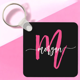 Hot Pink Black Modern Script Girly Monogram Name Key Ring