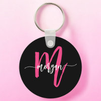 Hot Pink Black Modern Script Girly Monogram Name