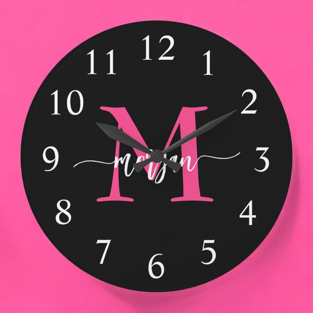 Hot Pink Black Modern Script Girly Monogram Name  Large Clock (Creator Uploaded)