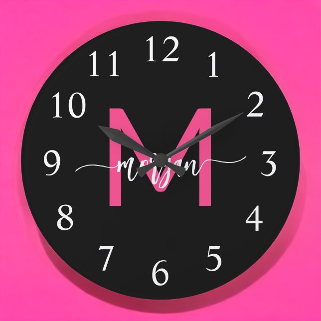 Hot Pink Black Modern Script Girly Monogram Name  Large Clock (Creator Uploaded)