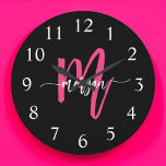 Hot Pink Black Modern Script Girly Monogram Name  Large Clock<br><div class="desc">Make a bold statement in your space with our Hot Pink Modern Script Girly Monogram Name Large Clock! Featuring a vibrant hot pink design and personalised with your name in an elegant modern script, this clock adds a stylish and personal touch to any room. Perfect for bedrooms, offices, or living...</div>