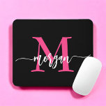 Hot Pink Black Modern Script Girly Monogram Name Mouse Pad<br><div class="desc">Add a pop of colour to your workspace with our Hot Pink Modern Script Girly Monogram Name Mouse Pad! Featuring a vibrant hot pink design and personalised with your name in a chic modern script, this mouse pad blends style with practicality. The smooth surface ensures precise mouse movements, while the...</div>