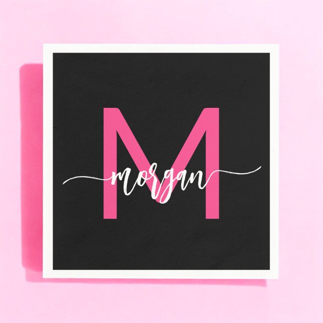 Hot Pink Black Modern Script Girly Monogram Name Napkin (Creator Uploaded)