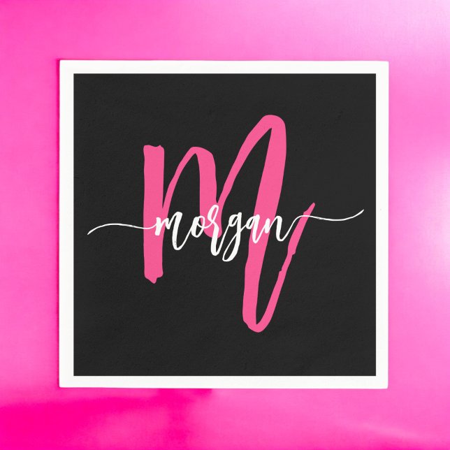 Hot Pink Black Modern Script Girly Monogram Name Napkin (Creator Uploaded)