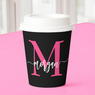 Hot Pink Black Modern Script Girly Monogram Name Paper Cups