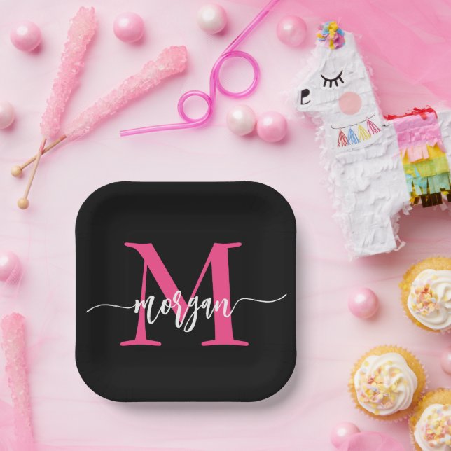Hot Pink Black Modern Script Girly Monogram Name Paper Plate (Party)