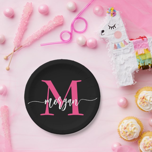Hot Pink Black Modern Script Girly Monogram Name Paper Plate (Party)