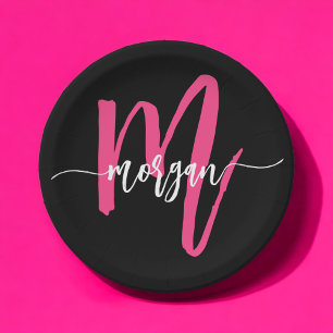 Hot Pink Black Modern Script Girly Monogram Name Paper Plate