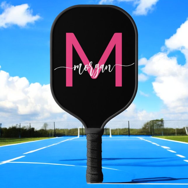 Hot Pink Black Modern Script Girly Monogram Name Pickleball Paddle (Creator Uploaded)