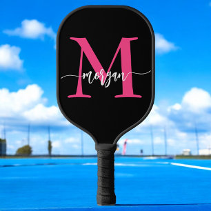 Hot Pink Black Modern Script Girly Monogram Name Pickleball Paddle