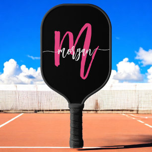 Hot Pink Black Modern Script Girly Monogram Name Pickleball Paddle
