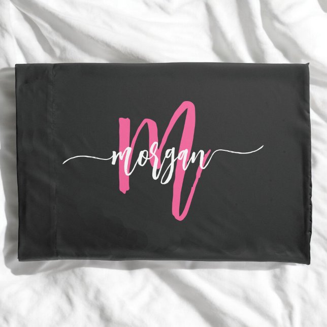 Hot Pink Black Modern Script Girly Monogram Name Pillowcase (Creator Uploaded)