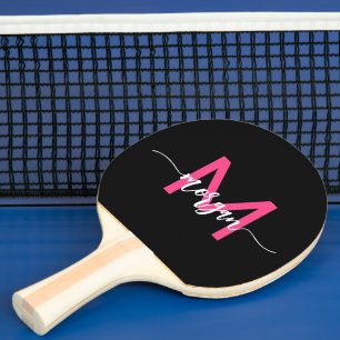 Hot Pink Black Modern Script Girly Monogram Name Ping Pong Paddle