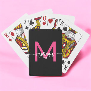 Hot Pink Black Modern Script Girly Monogram Name Playing Cards