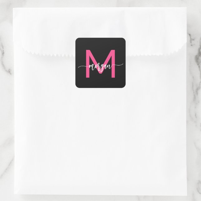 Hot Pink Black Modern Script Girly Monogram Name Square Sticker (Bag)