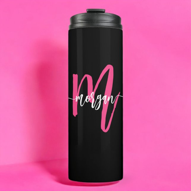 Hot Pink Black Modern Script Girly Monogram Name Thermal Tumbler (Creator Uploaded)