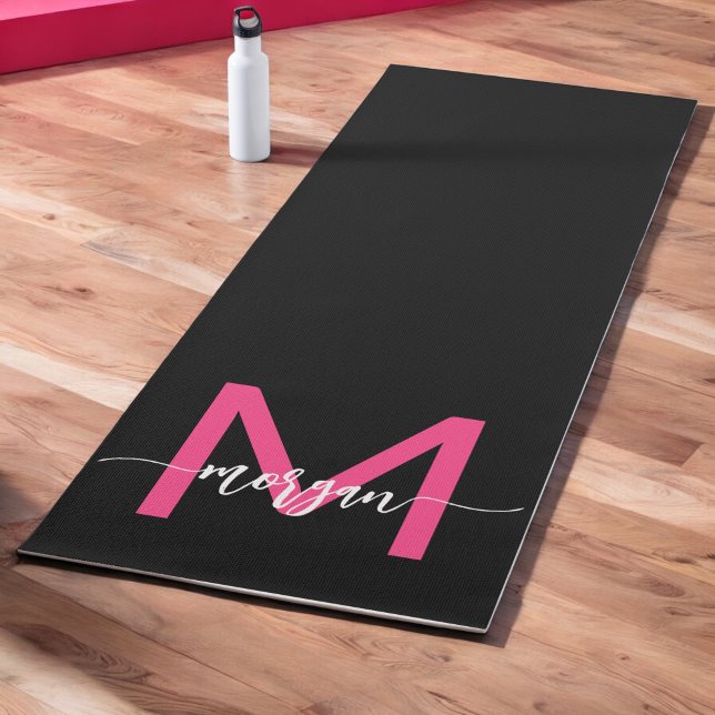 Hot Pink Black Modern Script Girly Monogram Name Yoga Mat (Creator Uploaded)