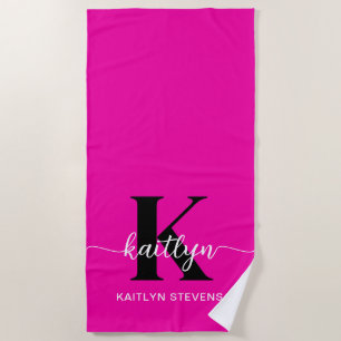 Hot Pink Black Monogram Beach Towel