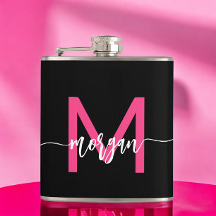 Hot Pink Black Monogram Girl's Bachelorette Party Hip Flask
