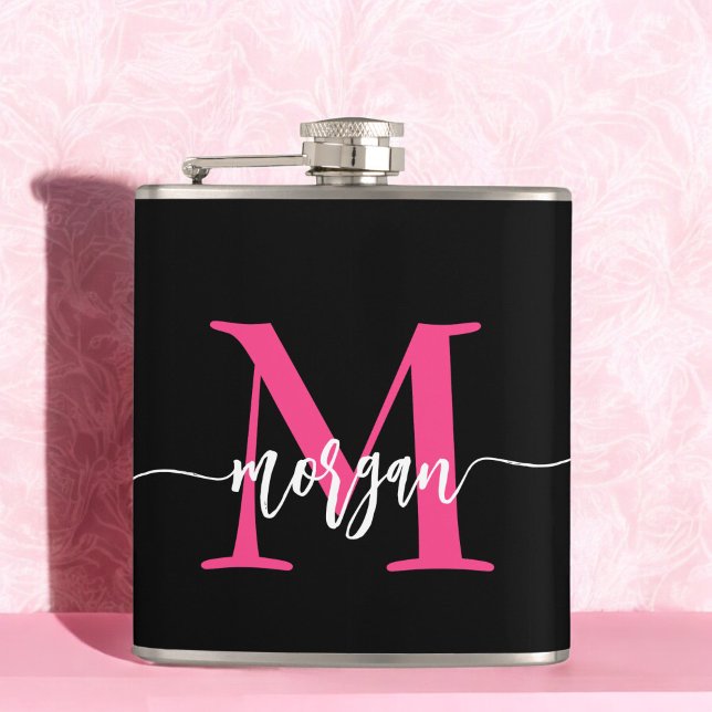 Hot Pink Black Monogram Girl's Bachelorette Party Hip Flask (Creator Uploaded)