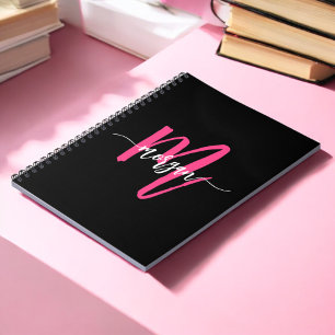 Hot Pink Black Monogram Girl's Back to School Notebook