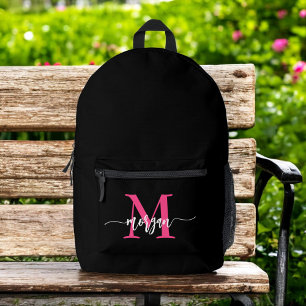 Hot Pink Black Monogram Girl's Back to School Printed Backpack