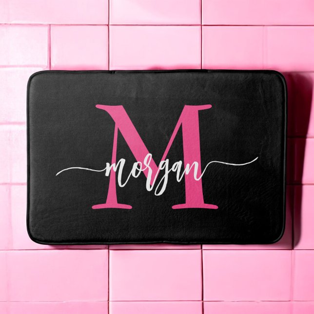 Hot Pink Black Monogram Girl's Dorm Room Bath Mat (Creator Uploaded)