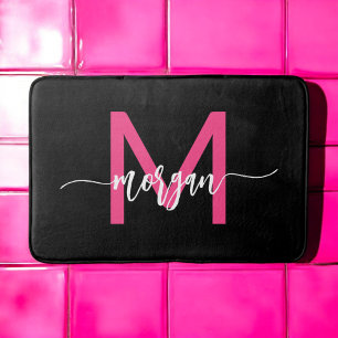Hot Pink Black Monogram Girl's Dorm Room Bath Mat