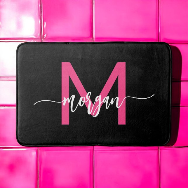 Hot Pink Black Monogram Girl's Dorm Room Bath Mat (Creator Uploaded)