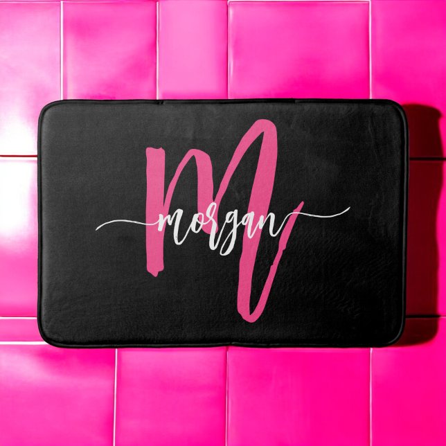 Hot Pink Black Monogram Girl's Dorm Room Bath Mat (Creator Uploaded)