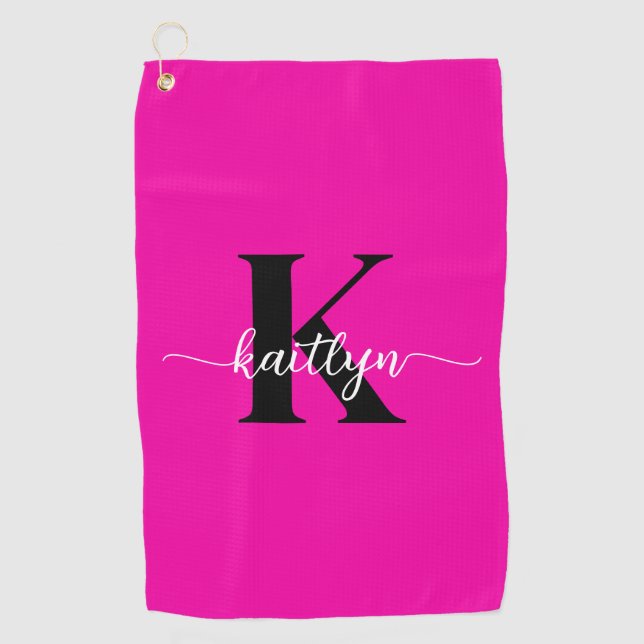 Hot Pink Black Monogram Golf Towel (Front)