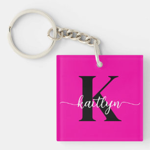 Hot Pink Black Monogram Key Ring