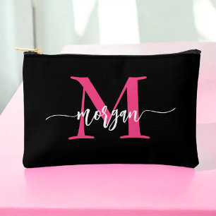 Hot Pink Black Monogram Name Girl's Script  Accessory Pouch