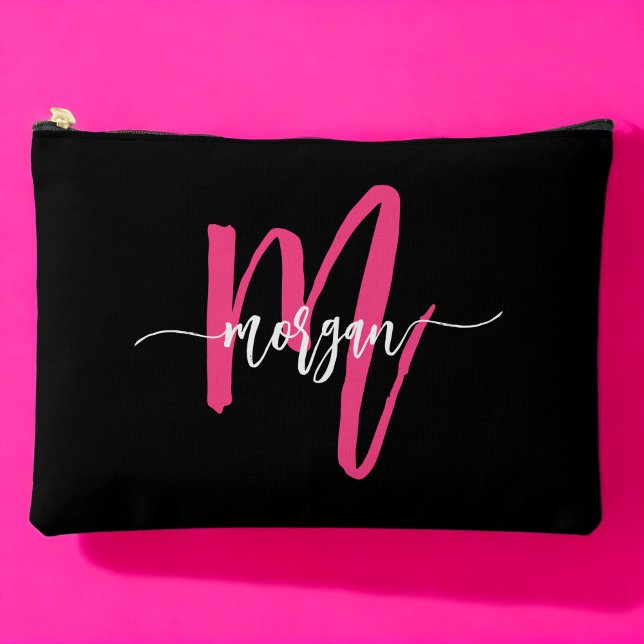 Hot Pink Black Monogram Name Girl's Script  Accessory Pouch (Creator Uploaded)