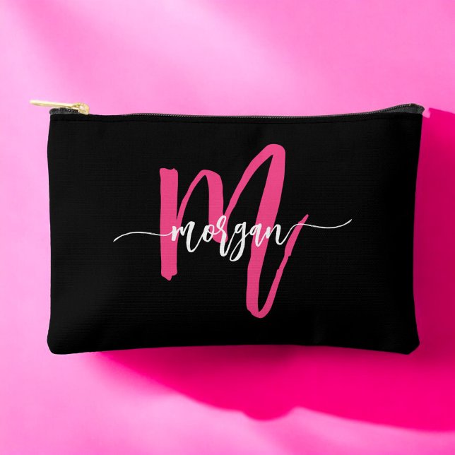 Hot Pink Black Monogram Name Girl's Script  Accessory Pouch (Creator Uploaded)