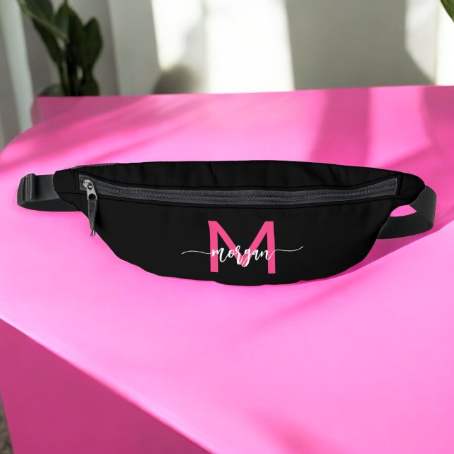 Hot Pink Black Monogram Name Girl's Script  Bum Bags (Creator Uploaded)