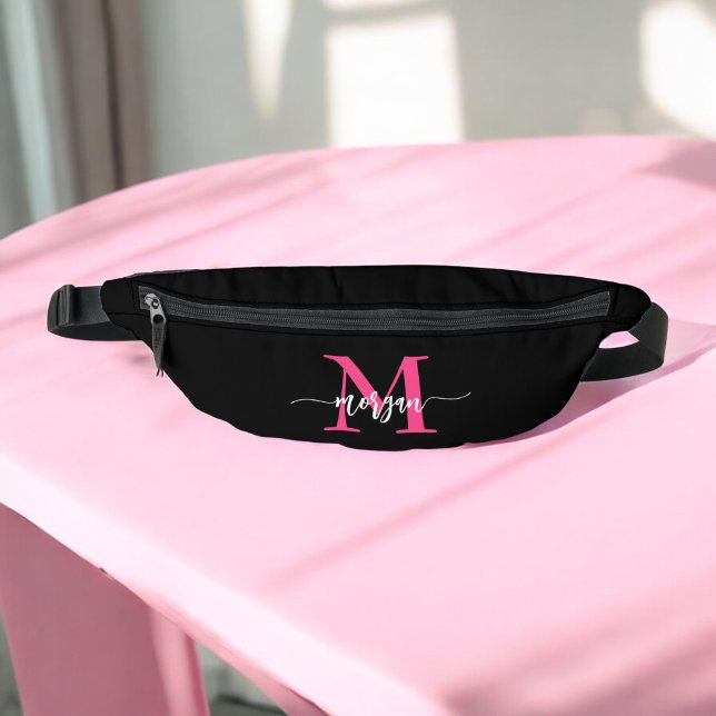 Hot Pink Black Monogram Name Girl's Script  Bum Bags (Creator Uploaded)