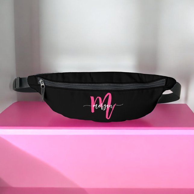 Hot Pink Black Monogram Name Girl's Script  Bum Bags (Creator Uploaded)