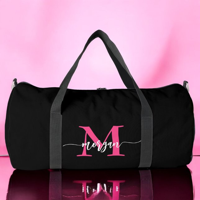 Hot Pink Black Monogram Name Girl's Script Sports Duffle Bag (Creator Uploaded)