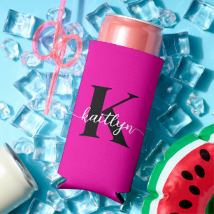 Hot Pink Black Monogram Seltzer Can Cooler