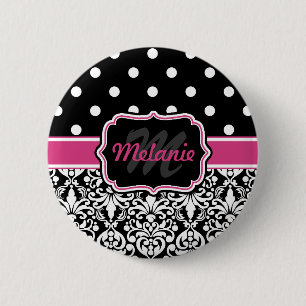 Hot Pink Black Monogrammed Damask Polka Dot 6 Cm Round Badge