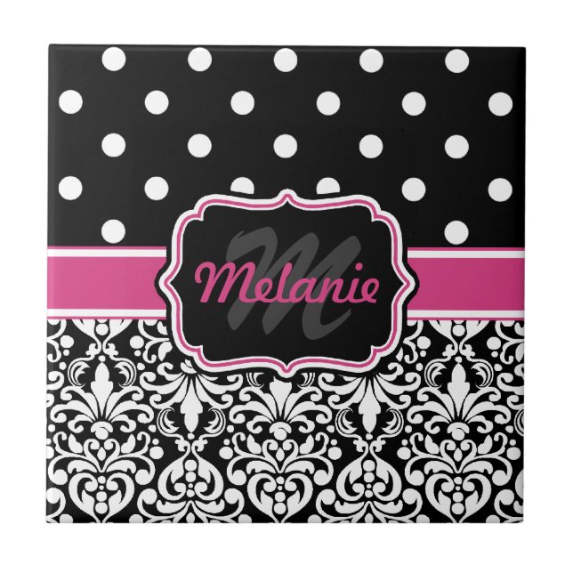 Hot Pink Black Monogrammed Damask Polka Dot Tile (Front)