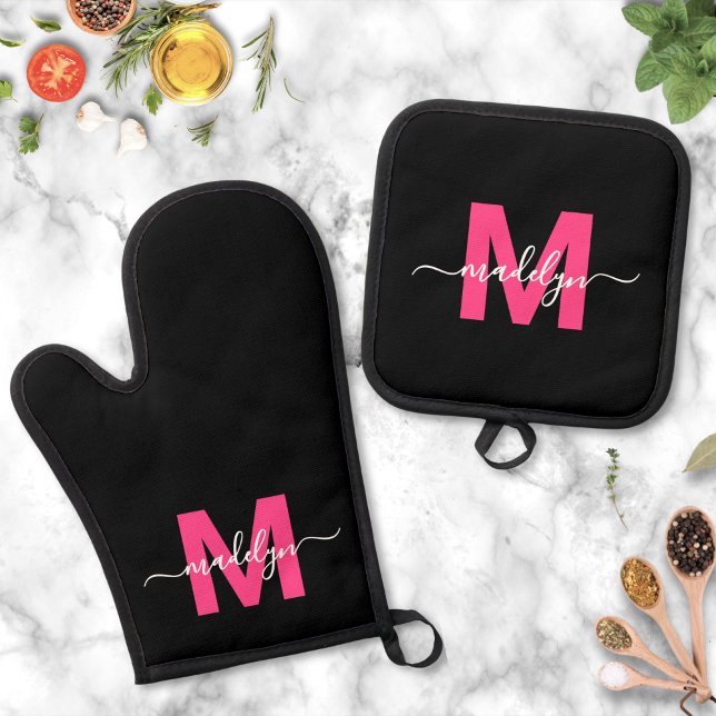 Hot Pink Black Name Monogram Oven Mitt & Pot Holder Set (Hot Pink Black Name Monogram Oven Mitt & Pot Holder Set)